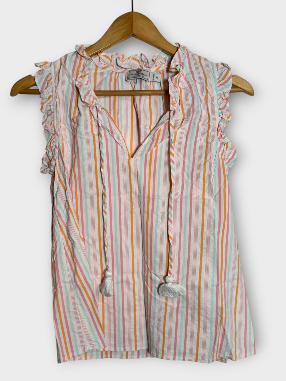 Vineyard Vines Performance Pastel Stripe Ruffle Sleeveless Top XS Tassel Tie